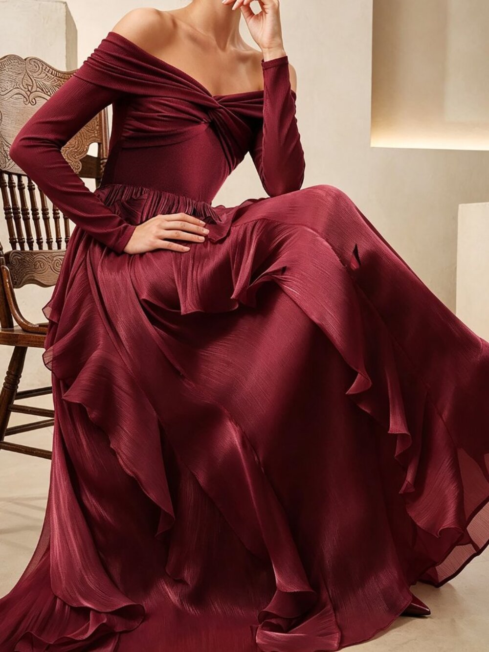 Burgundy Women's Party Off-Shoulder Zipper Ruffle Hem A-Line Long Dress - Picture 5 of 7